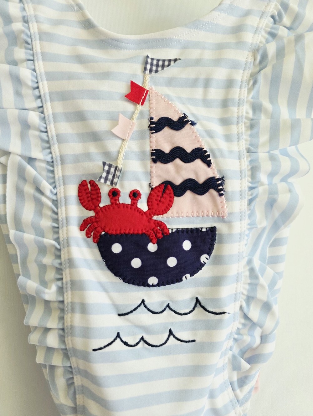 Mud Pie Baby Girls' Sailboat Ruffle Striped One Piece Swimsuit Size 9-12 Months - Picture 3 of 7